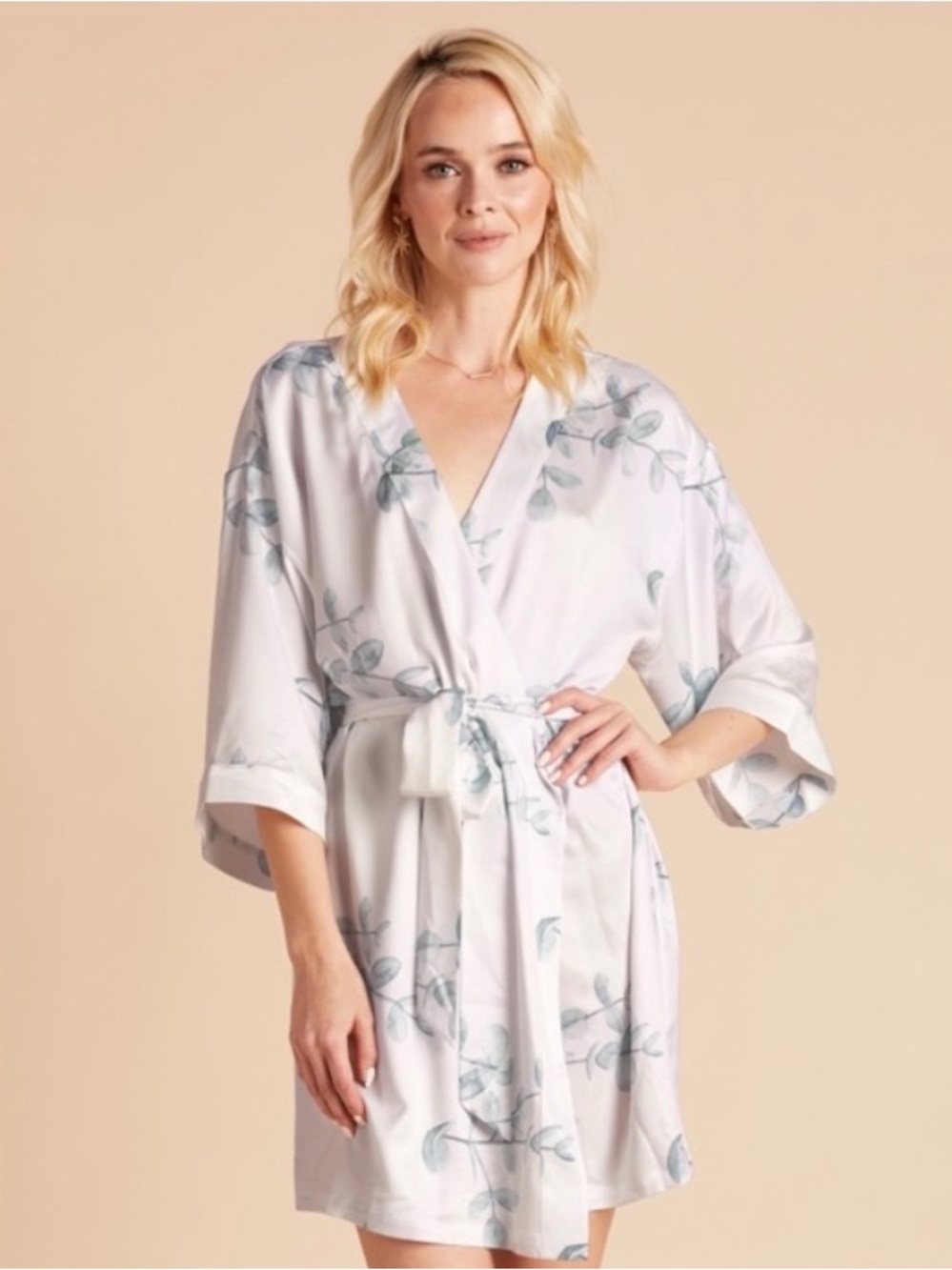 Birdy Grey White Satin Green Eucalyptus Ruffled Sleeve Robe 1X/3X
